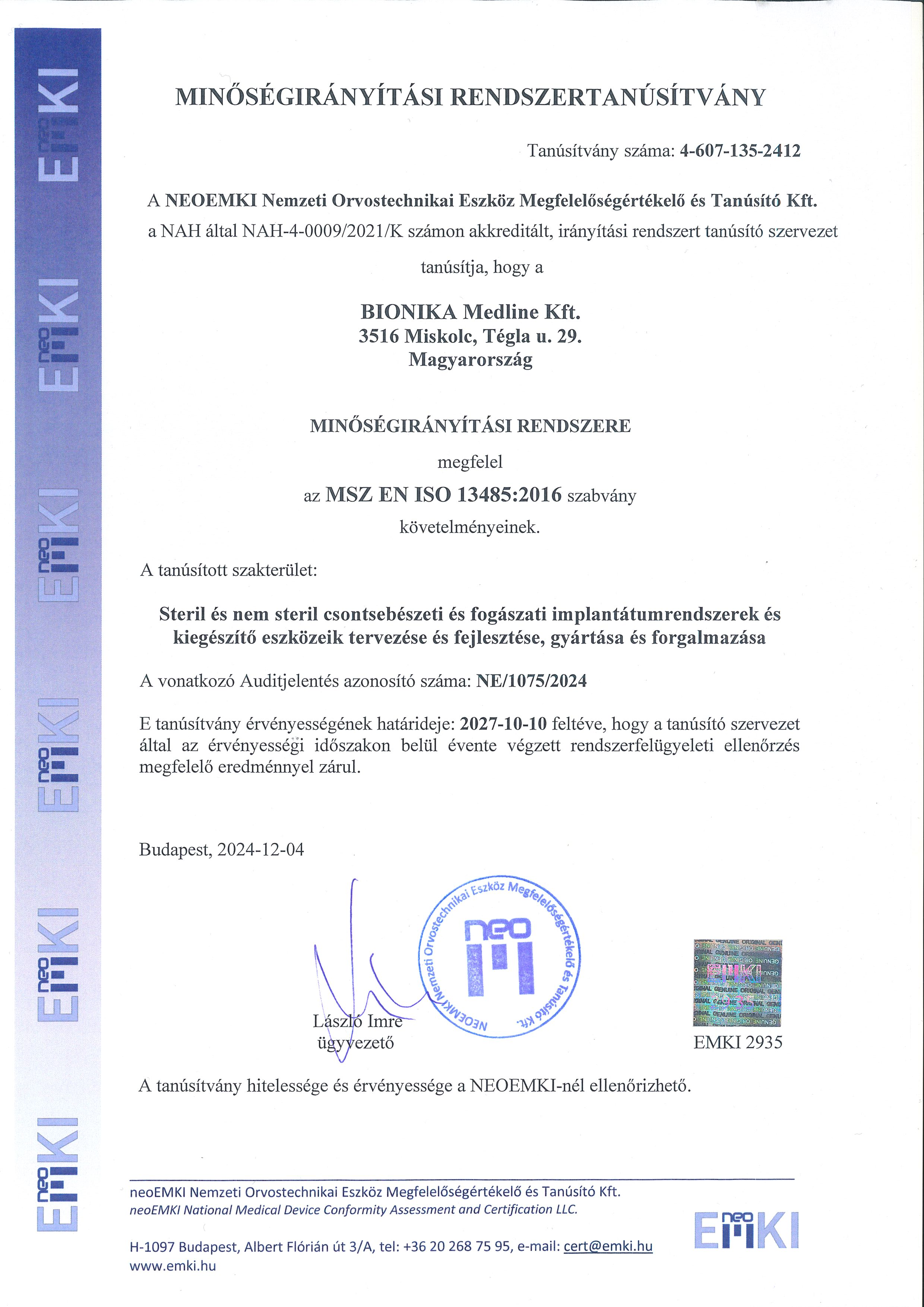 ISO 13485-2016 HUN - NEOEMKI - 2027.10.10 ISO 13485